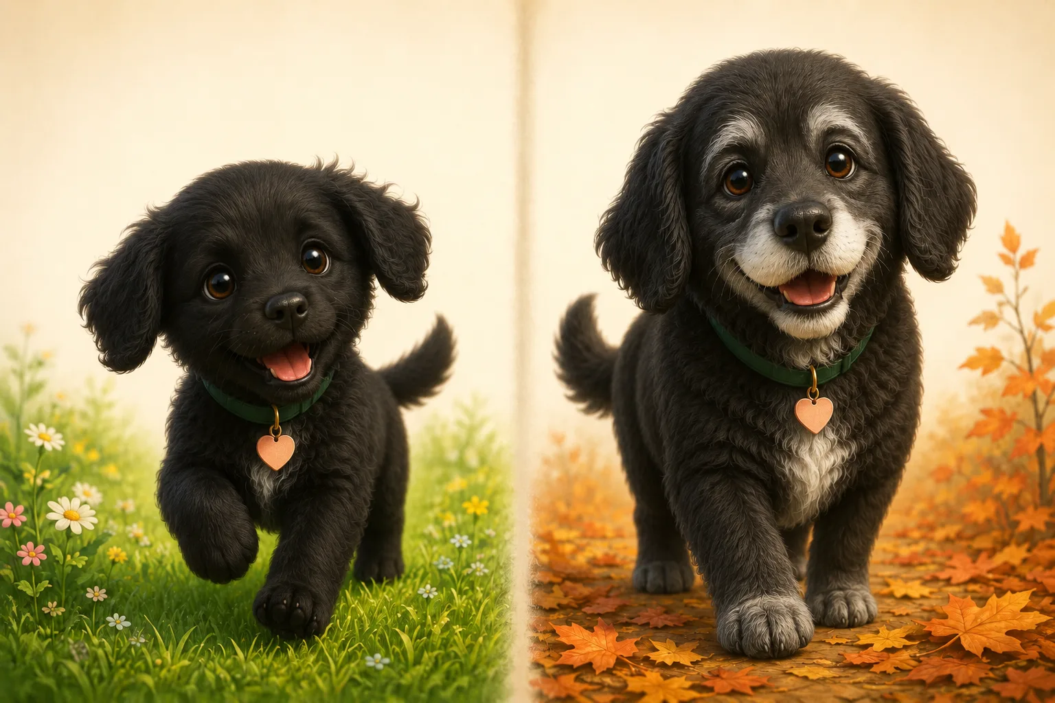 The same dog at two ages: a black puppy on its first walk, and the same dog grown into a grey-muzzled senior